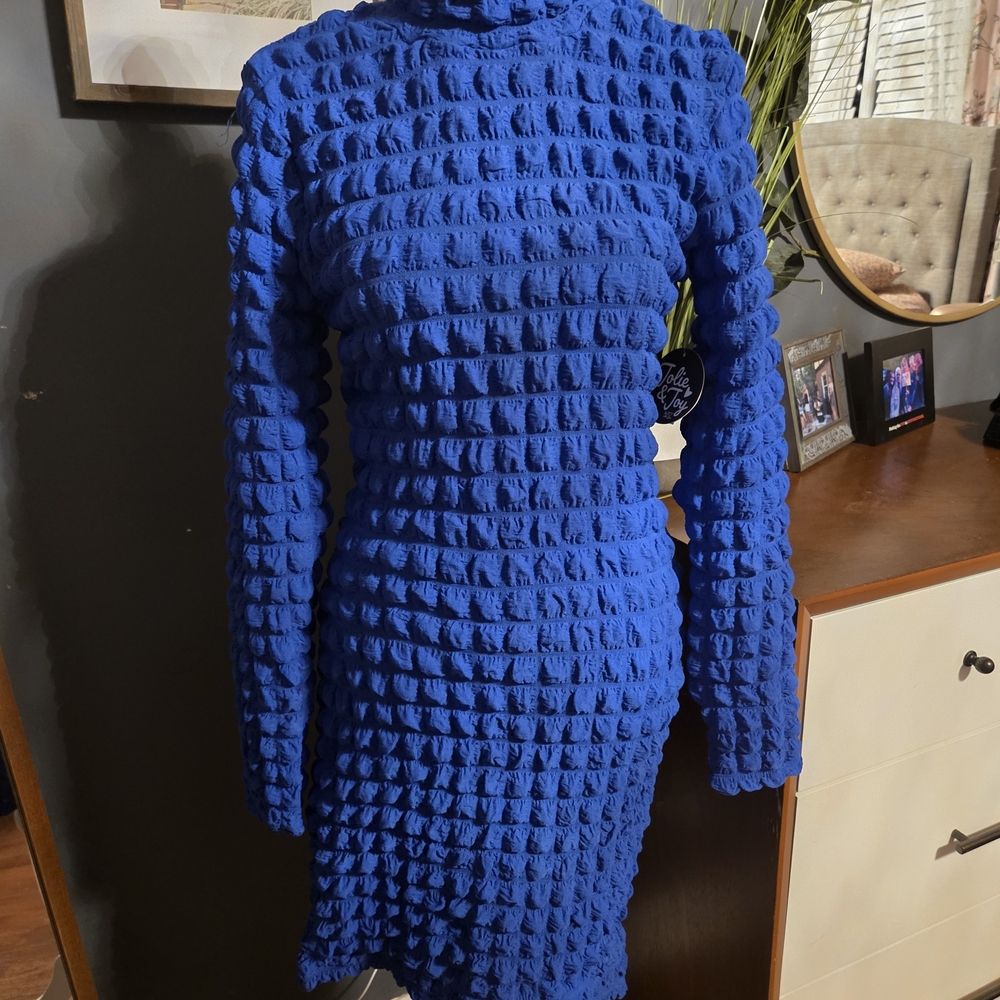 Elegant Blue Textured Long Sleeve Dress